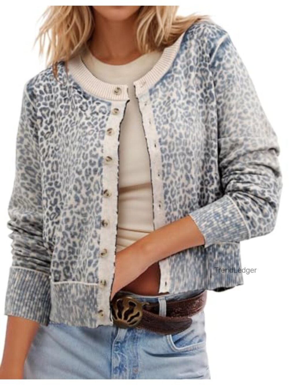 Leopard Cardigan Cropped Button Up Sweater Soft Knit Women's